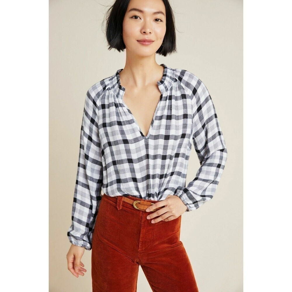 Anthropologie Cloth & Stone Sara Plaid Blouse Black and White Small